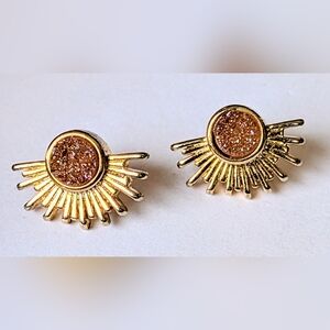 Sunburst Natural Druzy Gold Plated Brass Stud Earrings Pink Stone Boho Celestial